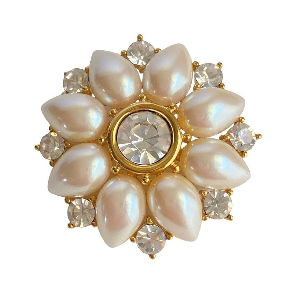 Vintage 60s Rhinestone Pearl Brooch Pendant Necklace Gold‎ Tone Flower Sunburst